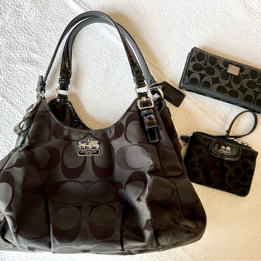 Coach signature black canvas tote and matching wallets